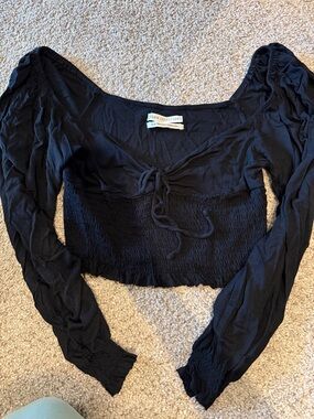 Urban Outfitters Black Smocked Tie-Front Long Sleeve Crop